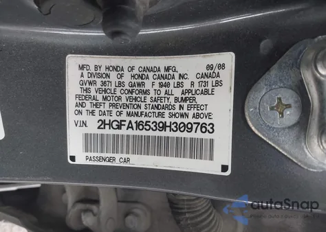 2009 Honda Civic Lx z USA, uszkodzony, nr VIN 2HGFA16539H309763